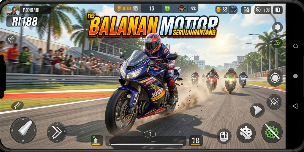 Screenshot dari gameplay RI188 yang menampilkan balapan motor yang seru.
