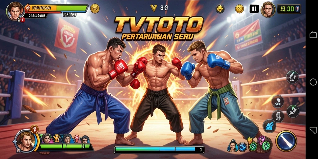 Tampilan gameplay seru di TVTOTO dengan karakter bertarung.